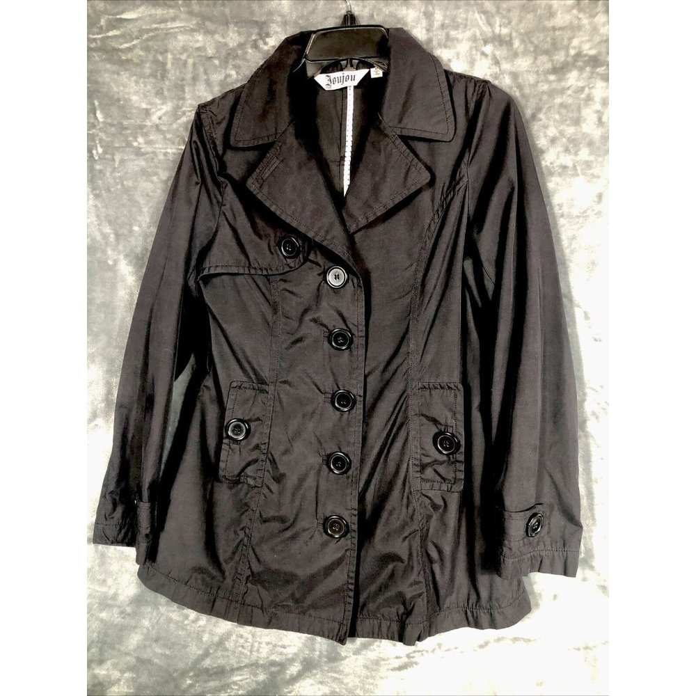 Joujou Ladies Black Trench Coat, Size Lightweight Button Down Missing Belt